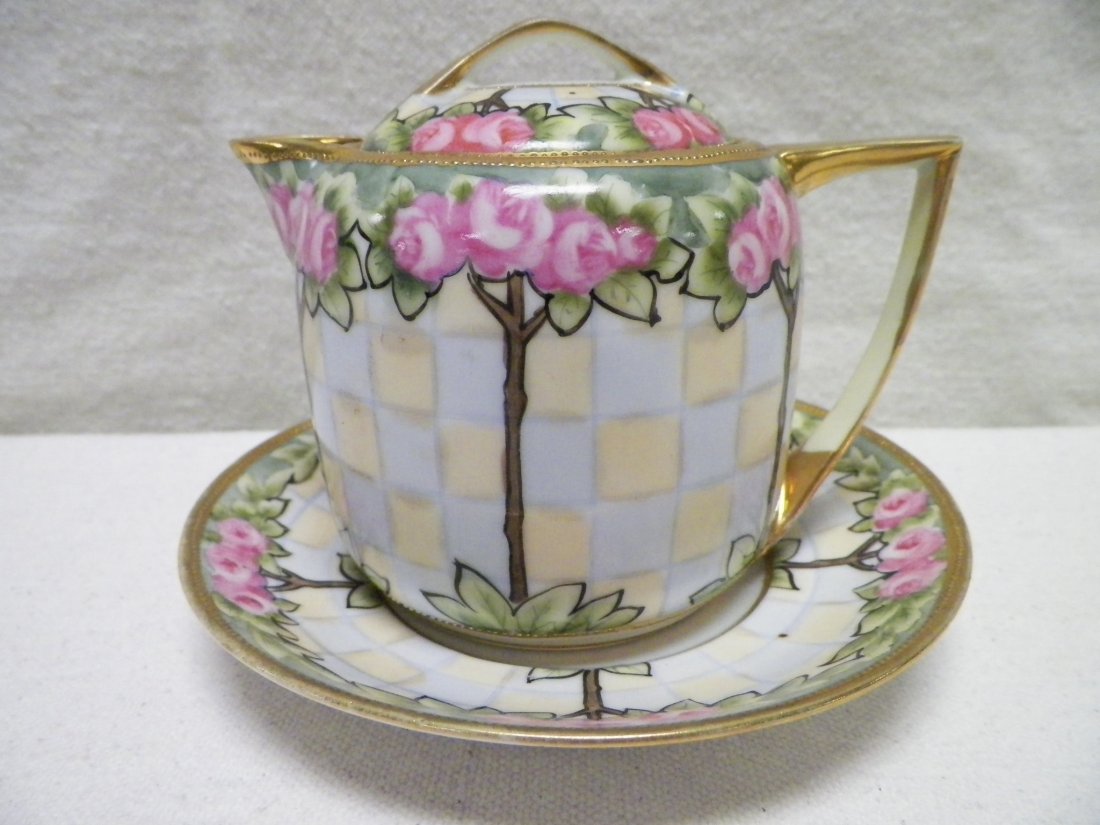 Nippon Under Plate Creamer Roses and Gold Morimura: C 1900. 4" Tall 4.75" Handle to Spout. Under plate 5.5".