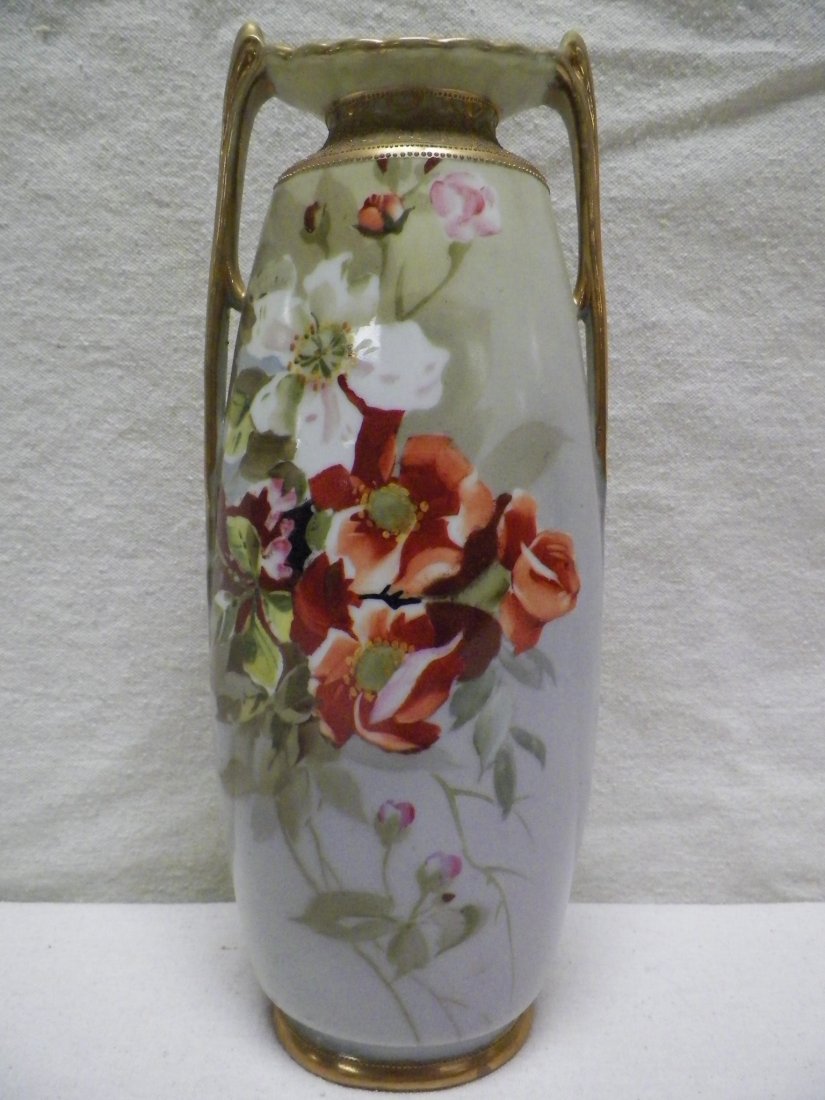 Nippon Vase Flower Bouquet Morimura Brothers: C 1900. 12.75" Tall 4.75" W 3.5" Deep. Light gold wear.