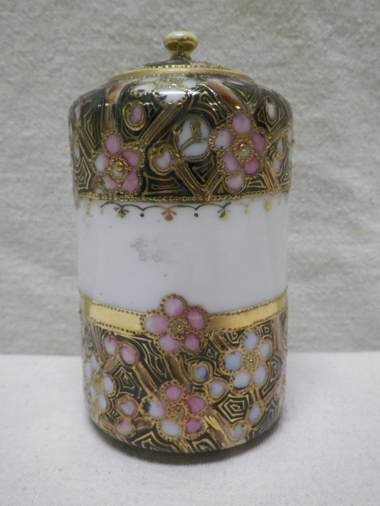 Nippon Covered Jar Moriage Heavy Gold Flowers Maple: C 1900. 5.125" Tall 2.5"W. Gold wear on top handle.