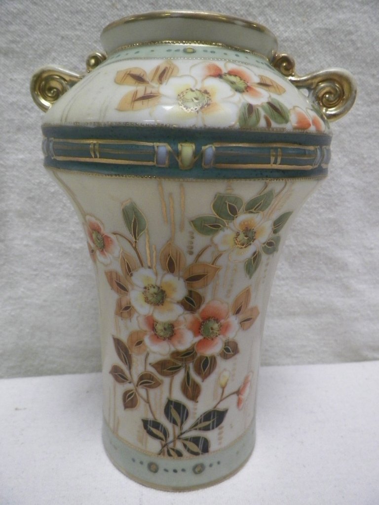 Nippon Vase ho-o Birds Mark Floral and Gold Trim: C 1900. 7.75" Tall 5.5" Handle to Handle. Wear on gold rim and handles