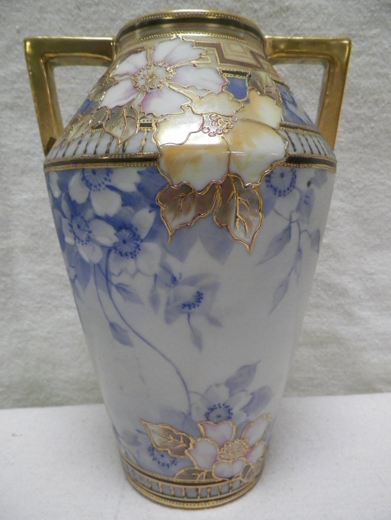 Nippon Moriage Vase Morimura Brothers Floral and Gold: C 1900. 8-1/8" Tall 5-5/8" Handle to Handle.