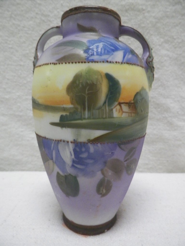 Nippon Vase Morimura Brothers Floral and Scenic: C 1900. 5.25" Tall. Small flake of foot.