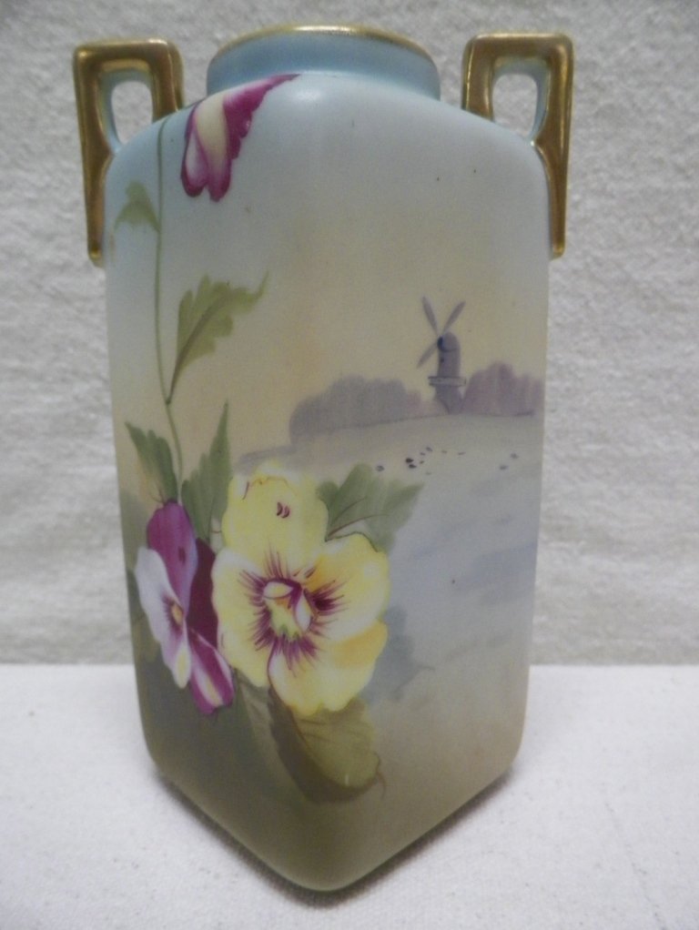 Nippon Vase Morimura Brothers Dutch Scene with Pansies: C 1900. 6" Tall 3-5/8"W Handle to Handle.