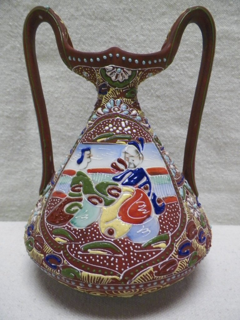 Nippon Moriage Vase with Handles-Unmarked: C 1920. 6.75" Tall 4.75"W.