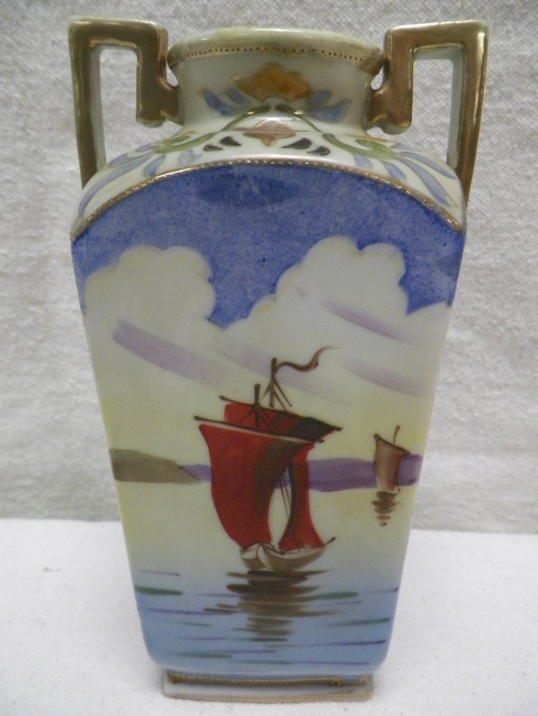 Imperial Nippon Vase Scenic Sailing Ships: C 1900. 6.75" Tall 3.75" Handle to Handle. Light gold wear on handles and rim.