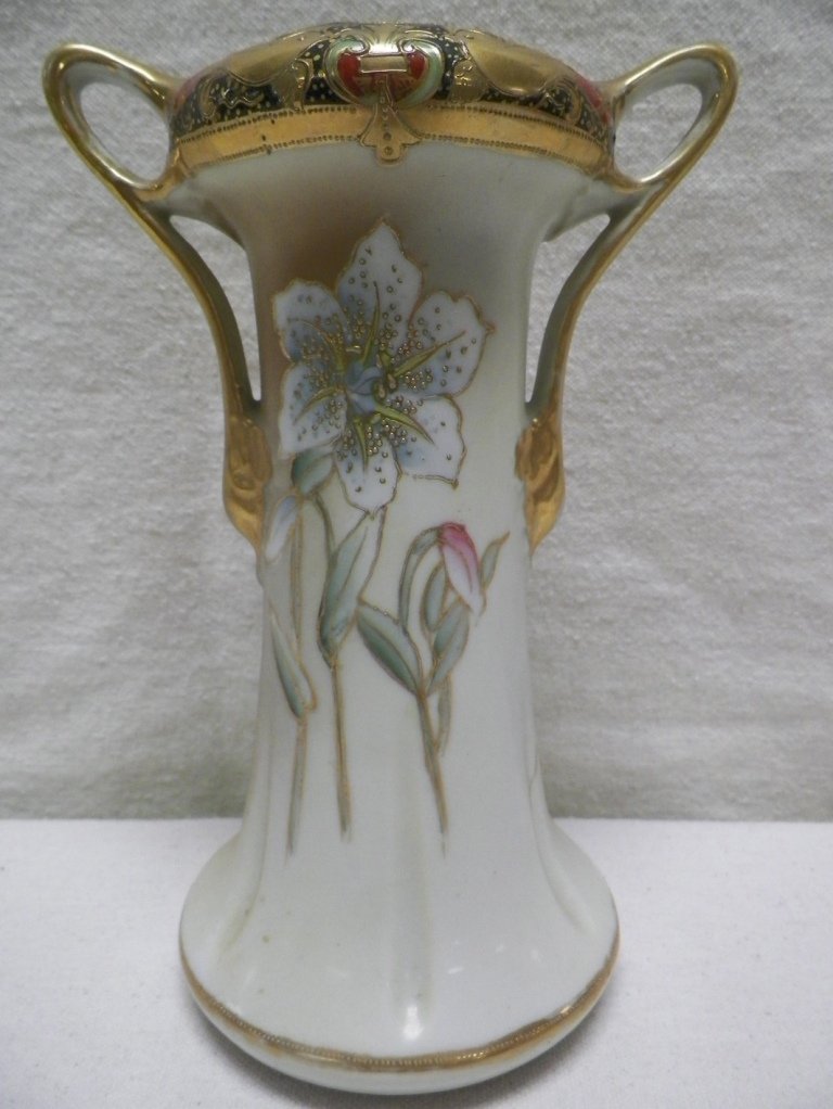 Nippon Moriage Vase Flowers and Birds Morimura Brothers: C 1900. 8-7/8" Tall 6"W Handle to Handle. Light gold wear.