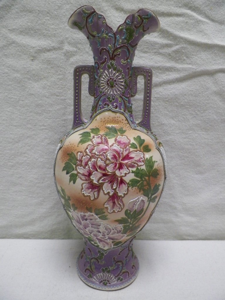 Nippon Moriage Vase Iris and Floral-Unmarked: C 1900. 15.5" Tall 6.5"W.