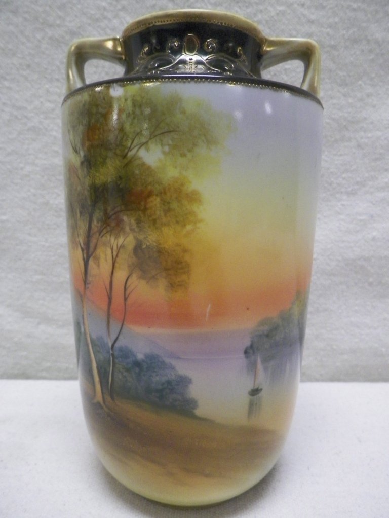 Nippon Scenic Vase Morimura Brothers: C 1910. 7" Tall 4"W. Light gold wear on handles.