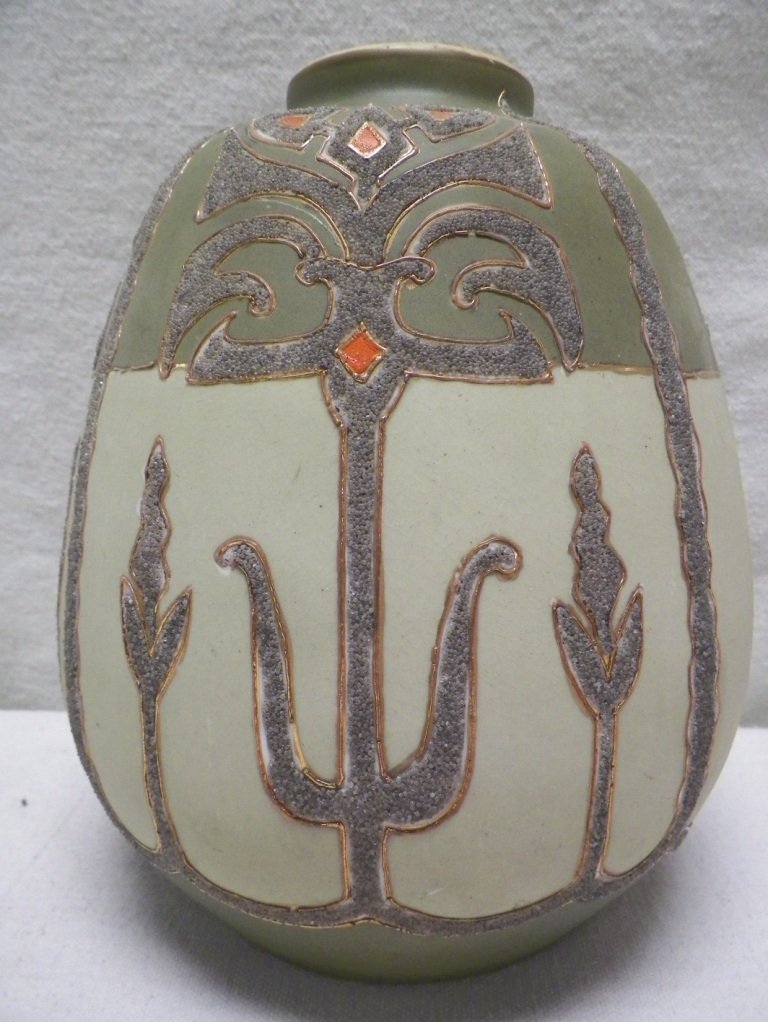 Nippon Coralene Vase-Unmarked: C 1910. 9" Tall 6.75"W. Few beads missing.