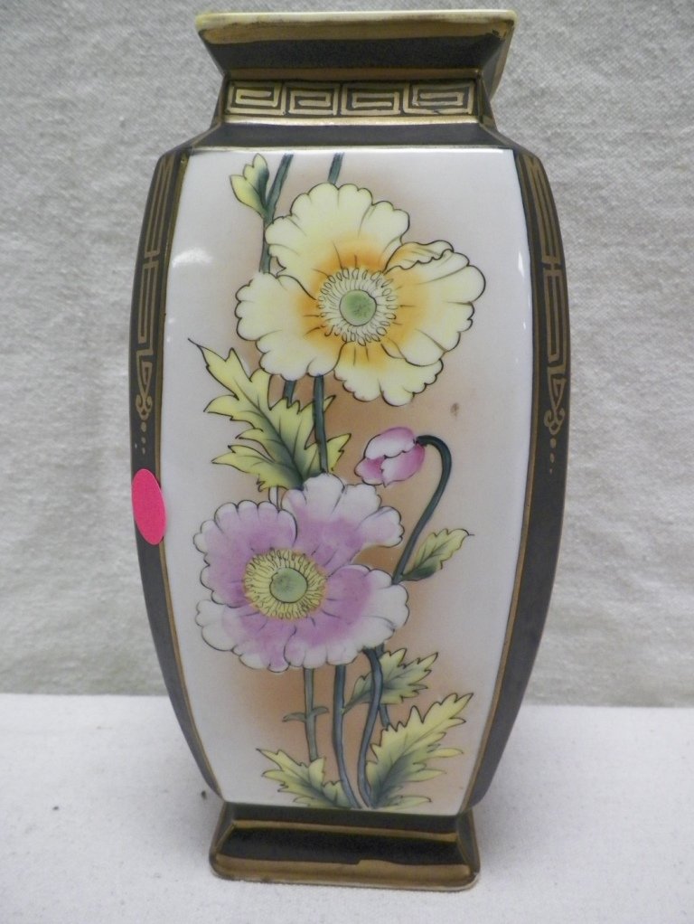 Nippon Vase Morimura Brothers Poppy and Greek Key: C 1910. 9" Tall 4.25"W. Light wear on gold rim and one small glaze pop.