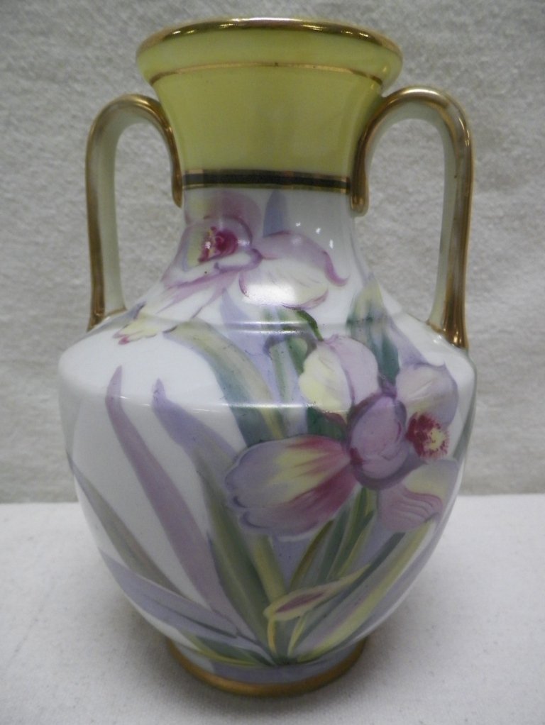 Nippon Vase Morimura Brothers Iris and Gold Trim: C 1910. 6.5" Tall 4.25"W. Light wear on gold handles.