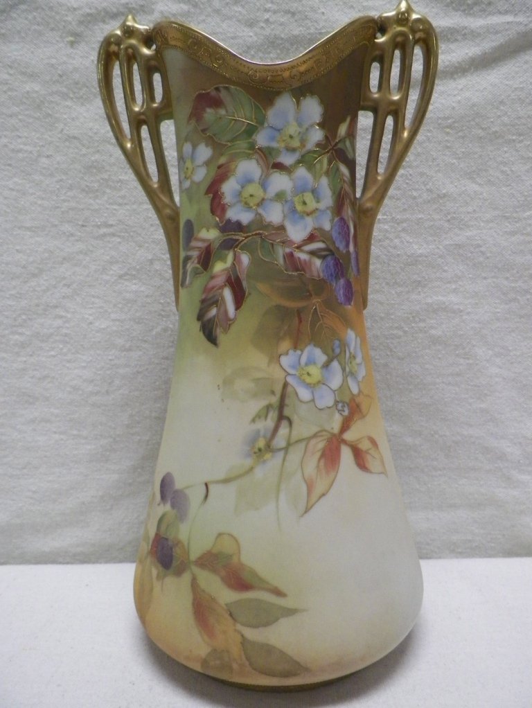 Nippon Vase Morimura Brothers Raspberries and Flowers: C 1910. 12-7/8" Tall 5.5"W.