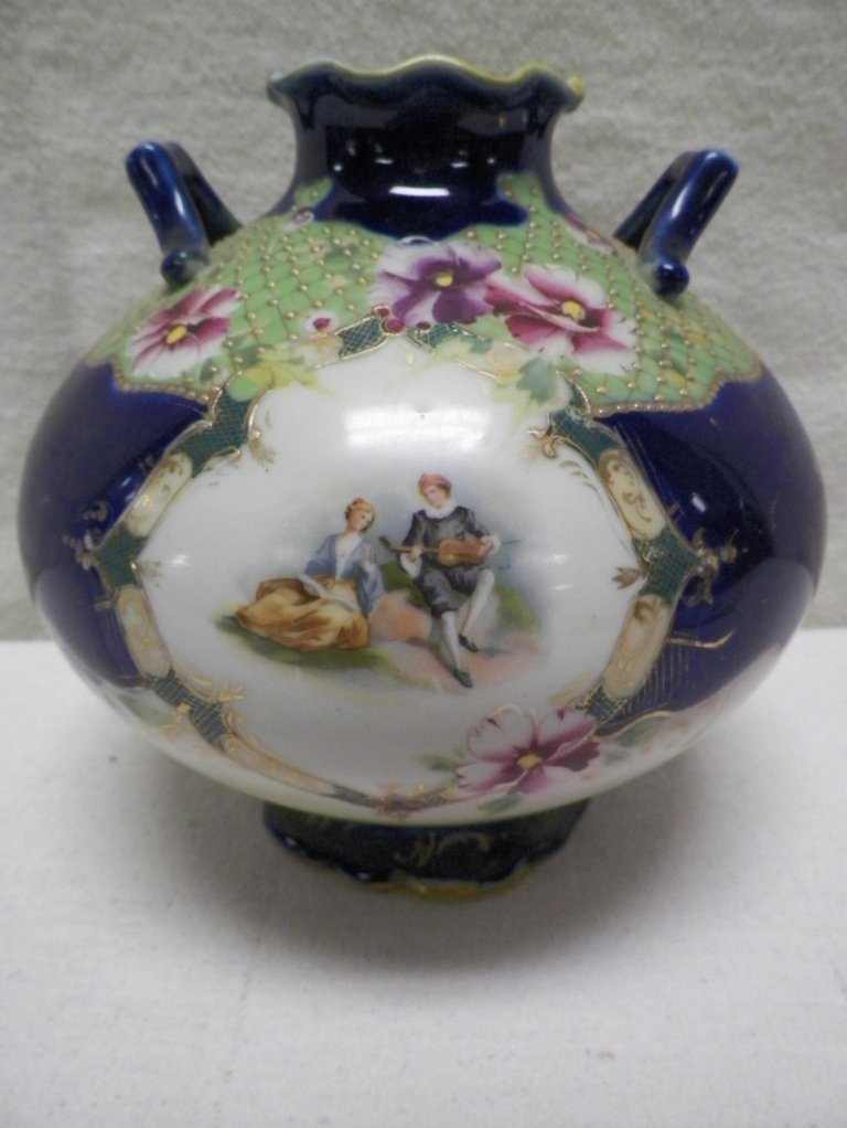 Nippon Moriage Vase Jug Flowers and Portrait-Unmarked: C 1910. 7.25" Tall 6.5"W. Light gold wear on trim.