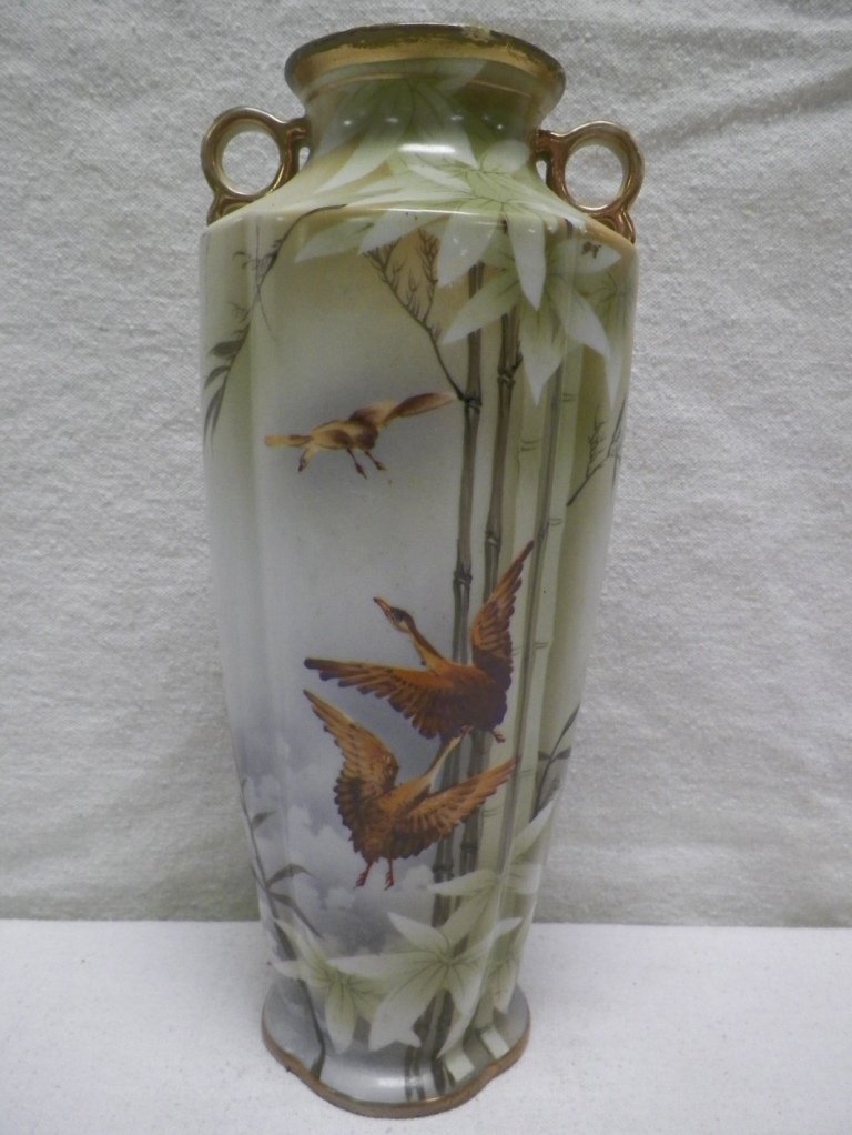 Nippon Vase Duck and Bamboo: C 1900. 11.75" Tall 4.75"W. Wear on gold trim.