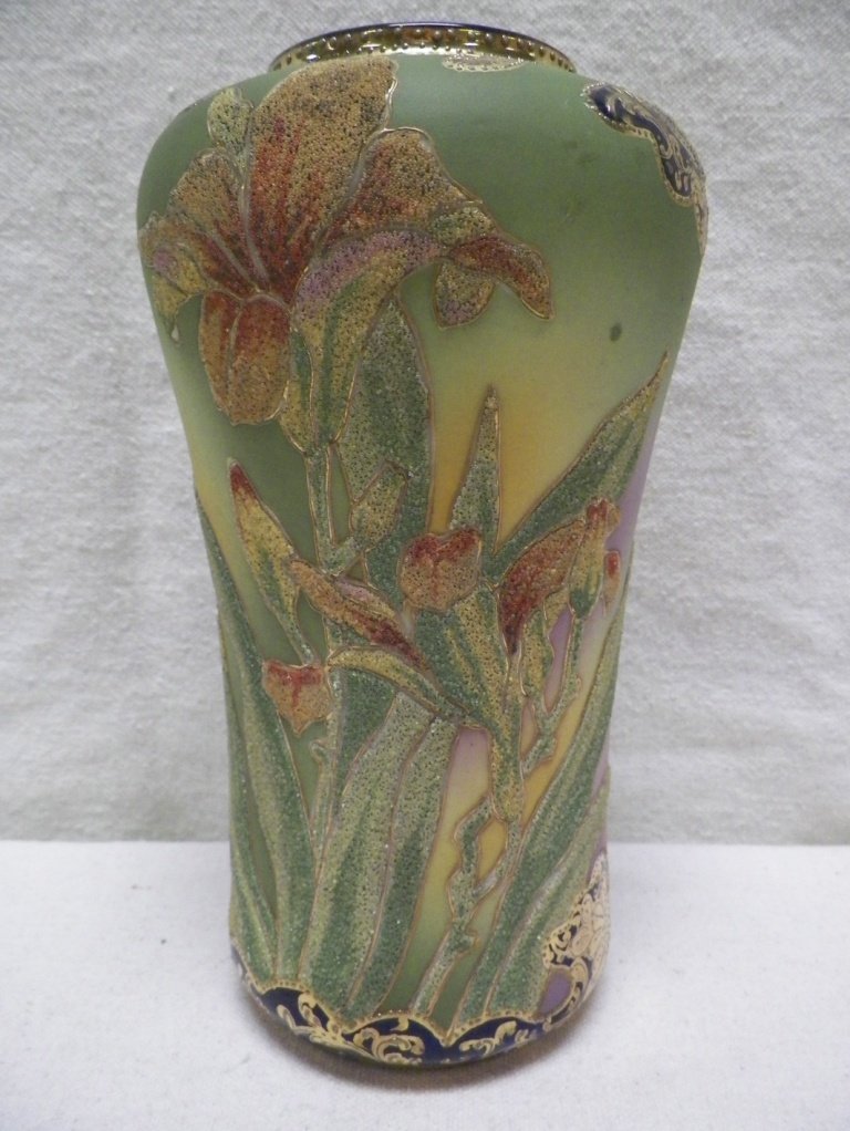 Nippon Iris Coralene Vase: C 1910. 8-5/8" Tall 4-7/8"W.