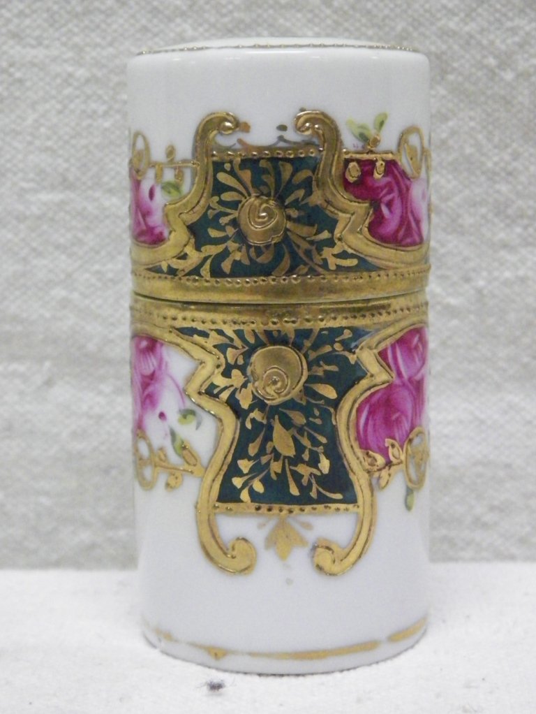 Nippon Moriage Hairpin Holder Roses Maple Leaf Mark: C 1910. 3-3/8" Tall. Light gold wear on ring at bottom.