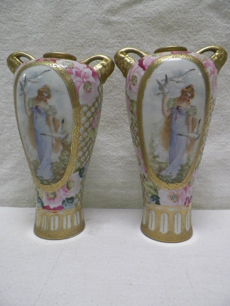 Pair (2) Nippon Moriage Portrait Vases Maple Leaf Mark: C 1910. 9.25" Tall 5.25"W Handle to Handle.