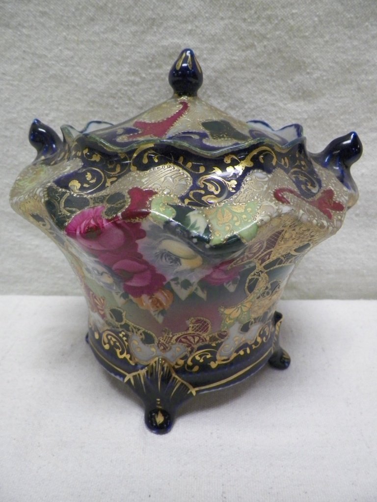 Nippon Moriage Cracker Jar Roses: C 1910. 7" Tall 6.75"W. Light Gold Wear.