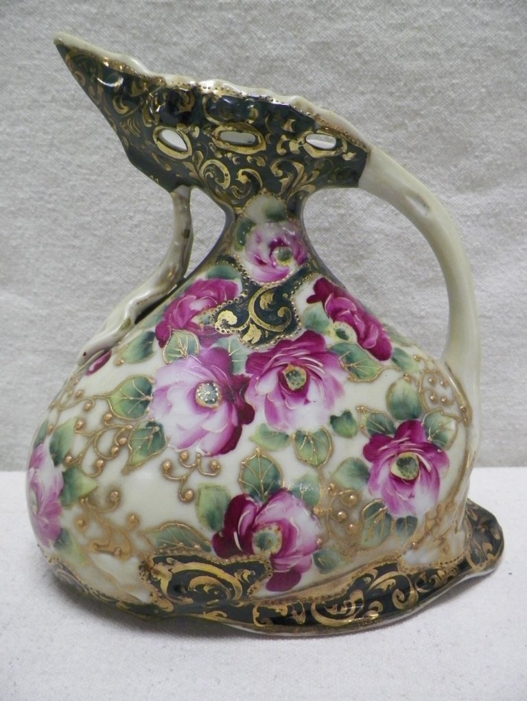Nippon Moriage Pitcher Roses-Unmarked: C 1910. 7.5" Tall 7"W.
