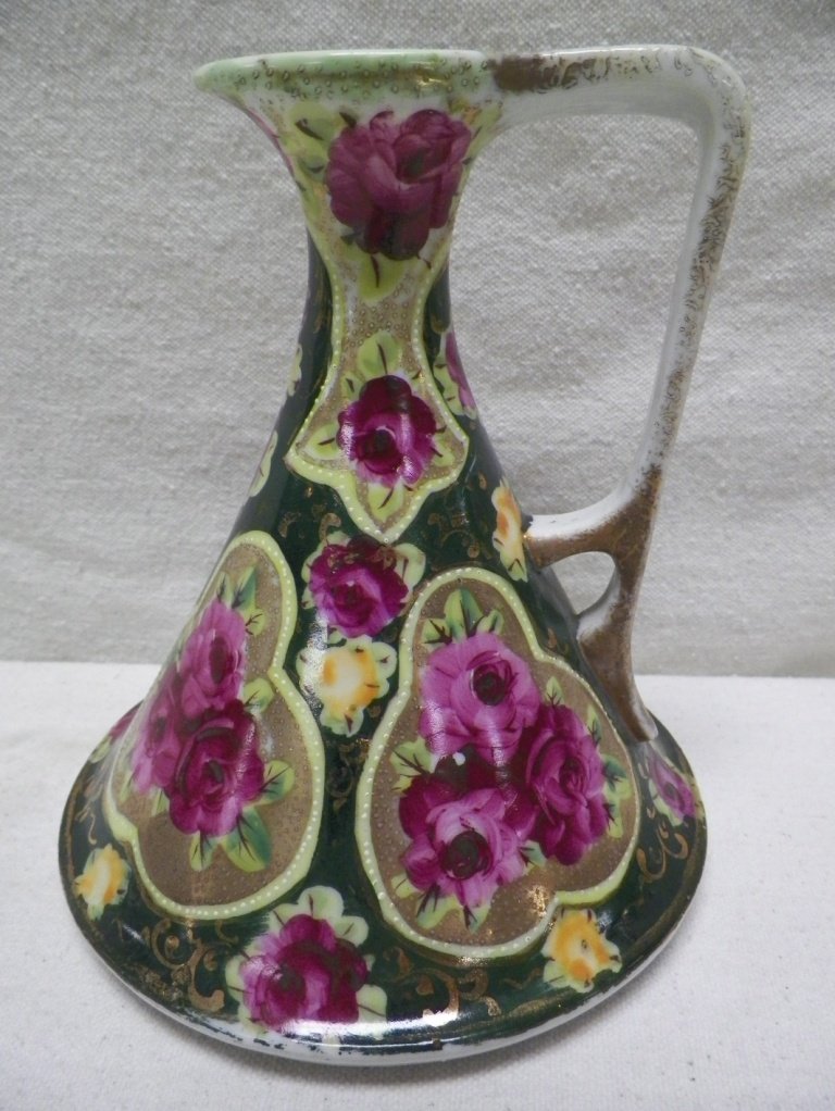 Nippon Moriage Pitcher Roses-Unmarked: C 1910. 7: Tall 6.25"w. Gold wear to handle.