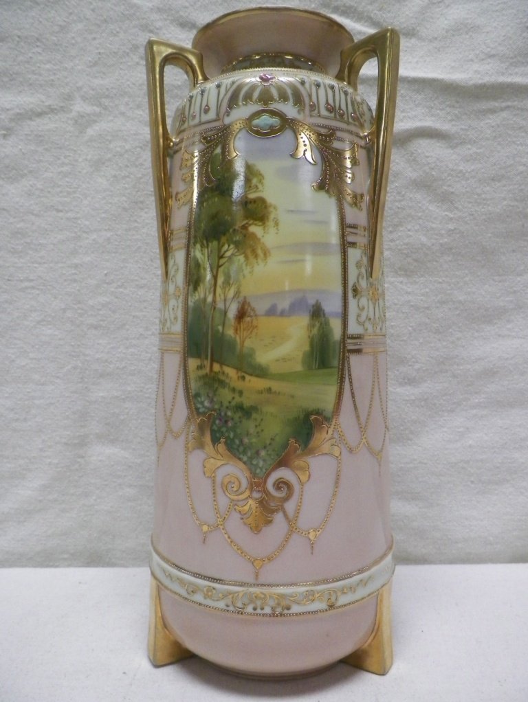 Nippon Moriage Morimura Brothers Footed Scenic Vase: 14-1/8" Tall 5.25"W. Light gold wear.