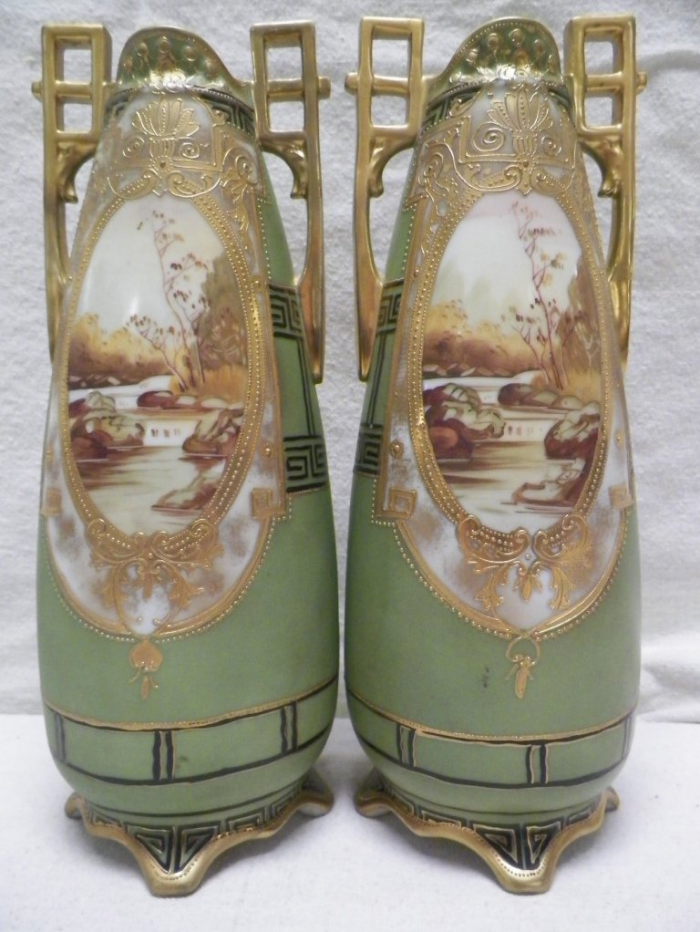 Pair (2) Nippon Moriage Morimura Brothers Vases Scenic: C 1910. 12.5" Tall 4.5" handle to Handle. Very light gold wear to handles.