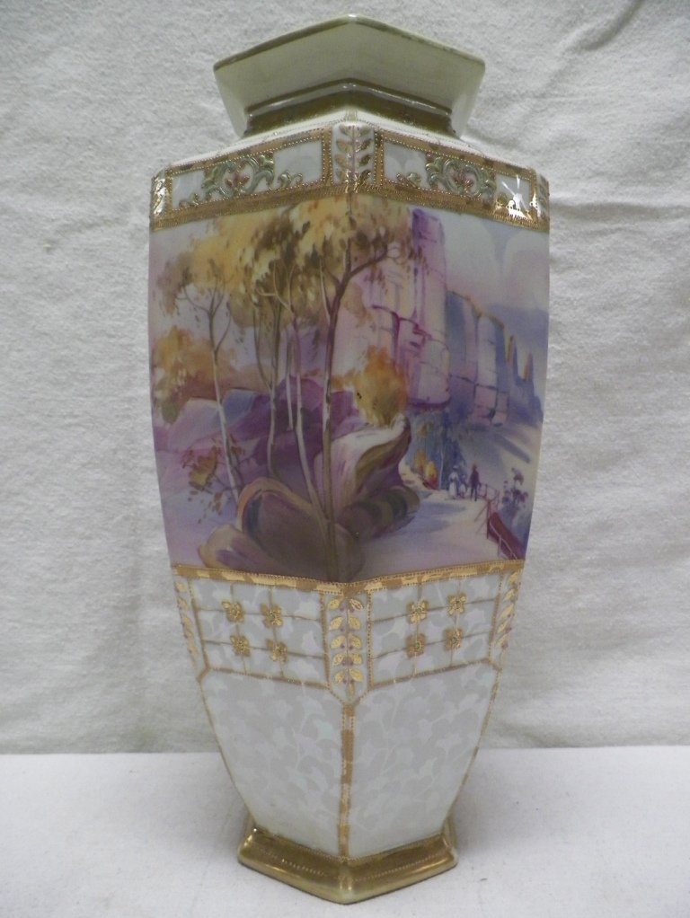 Nippon Moriage Morimura Brothers Scenic View: 15.25" Tall 7.5"W. Light gold wear to rim and foot. Few other minor spots.