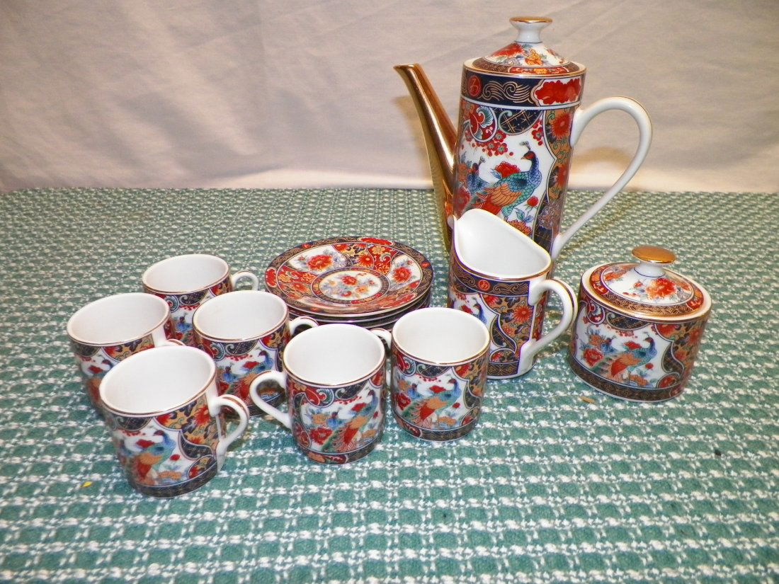Demitasse Coffee Set, Imari(?): 6 Cups, 6 Saucers, Pot, Creamer, Sugar, Red Square Markings on Bottom 20th Century
