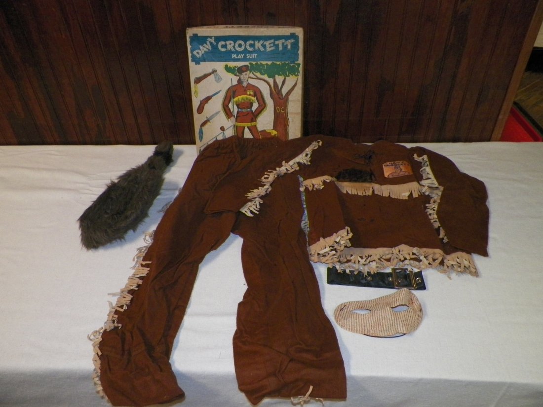 1950s Complete Davy Crockett Outfit w/Box: Shirt, Pants with Fringes, Original Davy Crockett Breast Patch and Belt and Coon Skin Cap; Oil Stain on Upper Right of Shirt