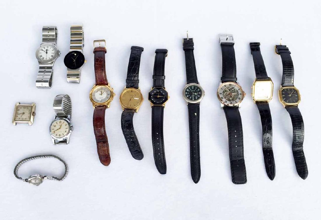 (12) Vintage Wrist Watches: (12) total. Including: (3) Seiko gold plated and leather watches. (1) Casio gold plated and faux crocodile watch. (1) Movado stainless steel watch, (1) Terner stainless steel and gold plated watch, (1