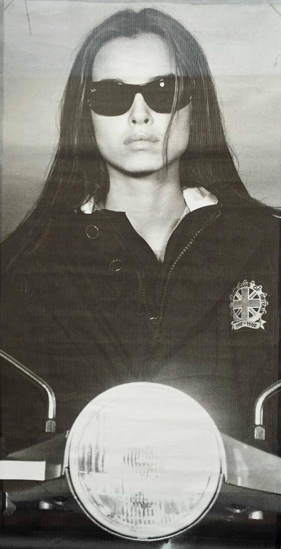Vespa Dealer Promotional Banner: 8'x4'. Subject: Woman possibly actress or model in sunglasses on Vespa.