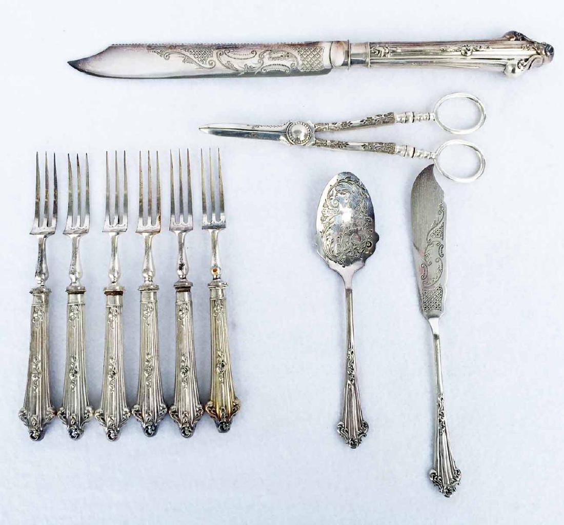 Fish Serving Set: Marked "JD & S. EP." (10) total pieces, including: (6) forks, (1) master serving knife, (1) fish serving knife, (1) serving spoon, (1) pair scissors.