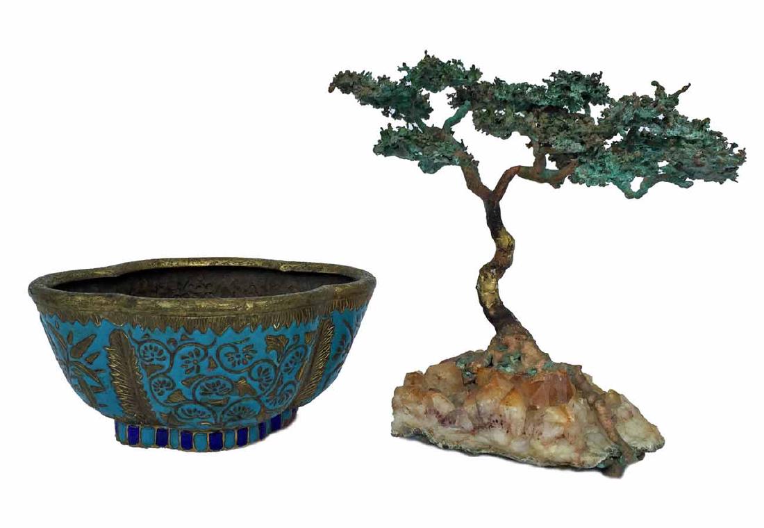 Enamel Bowl and Brass Tree: Including: (1) brass tree, 8" high, set with a geode base, set in an enamel bowl 4"X7 1/2". Tree fits in bowl.
