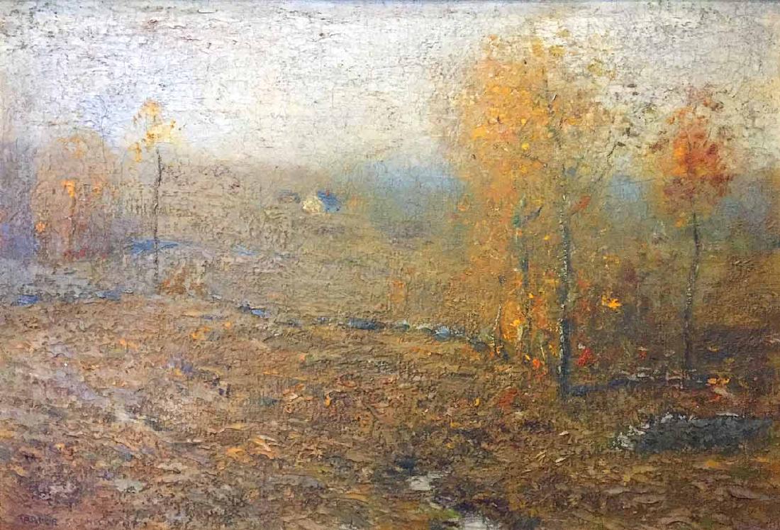 Bruce Crane Oil Painting: Artist: Bruce (Robert Bruce) Crane (1857 - 1937, Connecticut / New York). Image size: 14"x20". Medium: Oil on board. Subject: Impressionistic fall landscape. Title: "Golden Autumn". Wood gilded frame.