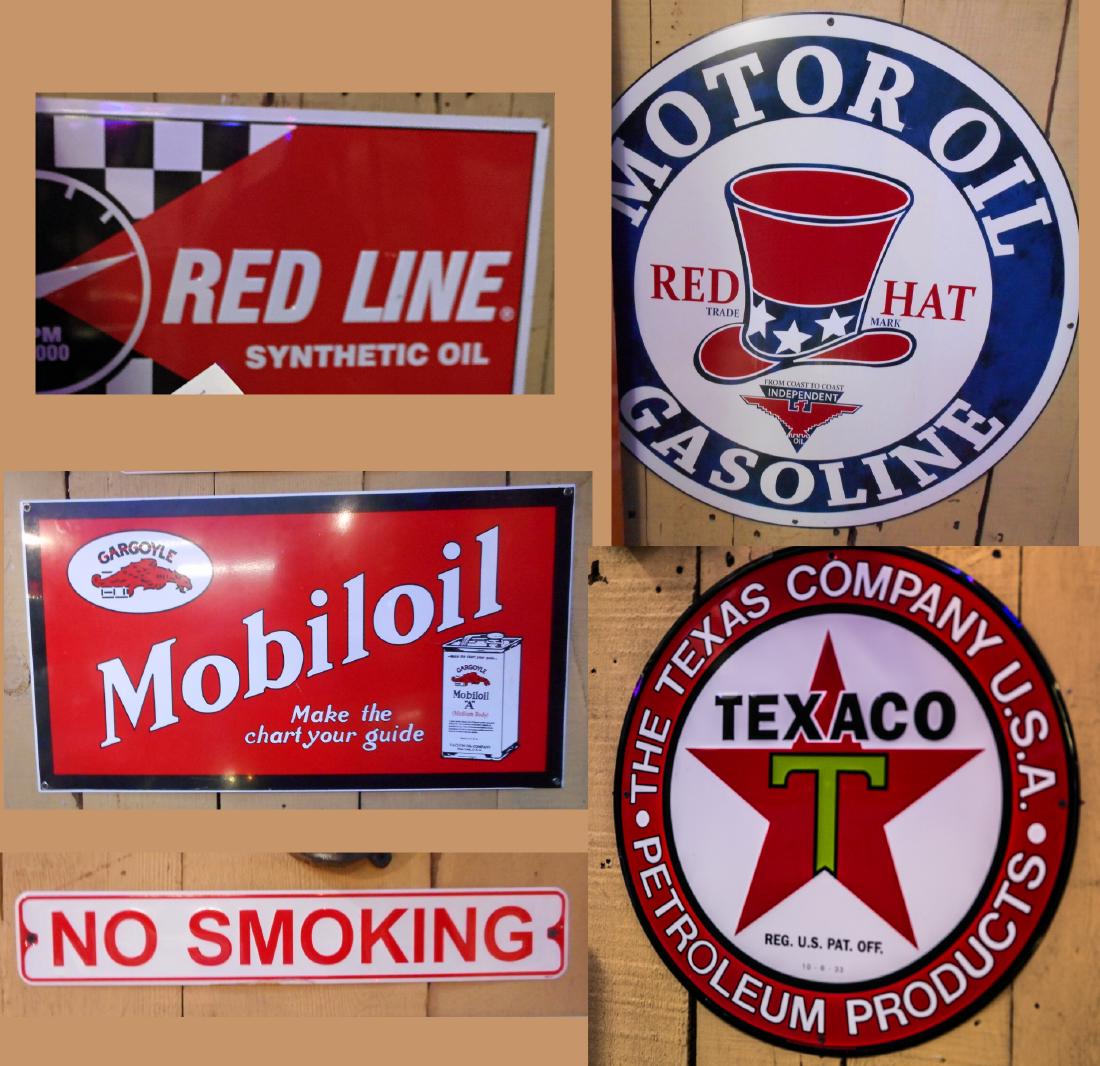 Collection of (5) Signs: (5) total signs. Contemporary reproductions, metal enamel. Including: (1) 23" Texaco, (1) Red Line synthetic oil, (1) Red Hat motor oil, (1) Mobiloil, and (1) No Smoking.
