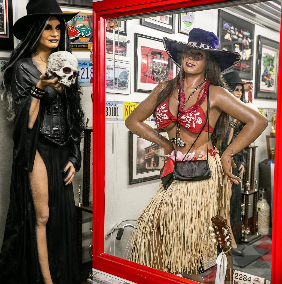 (2) Woman Manikins: Approximately 6'. Including: (1) witch, (1) hula girl. NOTE - If unable to pick locally, Buyer is responsible for arraging all packing and shipping