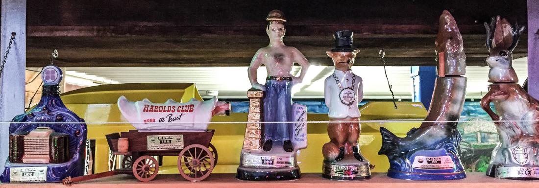 (10) Whiskey Bottles: (10) total. Jim Beam and other. Including: South Carolina, elephant, fish, and etc.