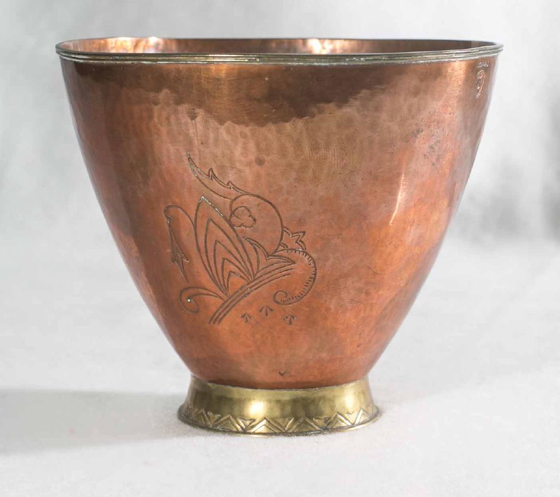 Wiener Werkstatte Brass Cup: (1) approx. 4 1/4"h x 3 3/4"w. Marked Schwaz with makers mark. Circa 1915