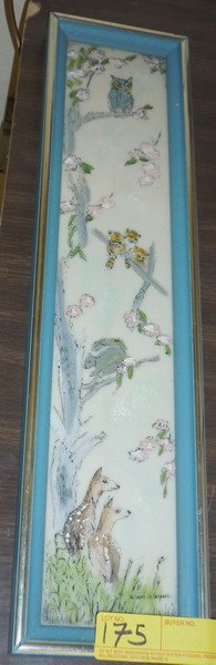 Juliann Velasquez oil Painting: Image size: 4"w x 20"h, Medium: Oil painting on plaster, Artist: Juliann Velasquez, Subject: Pink floral tree with animals