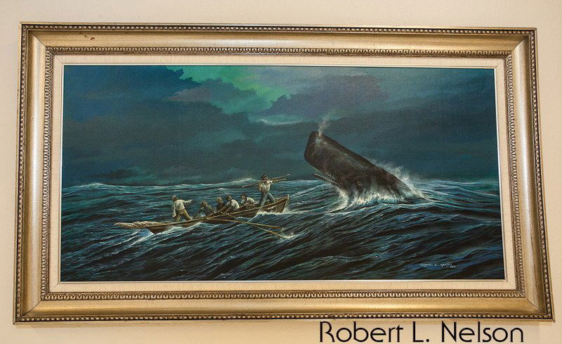 Robert Lyn Nelson Original Oil Painting: Image size: 48" x 28", Medium: Oil on canvas, Date: 1979, Title: Harpoon Scene, Subject: Whale harpoon scene. Includes original COA. Robert Lynn Nelson was Born in 1955 - In 1979, Artist Robert Lyn Ne