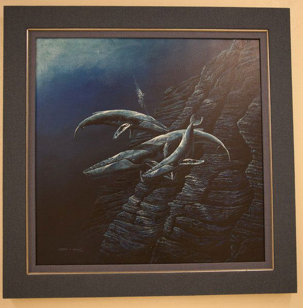 Robert Lyn Nelson Original Oil Painting: Image size: 36" x 36", Medium: Oil on canvas, Title: Three Humpbacks, Date: 1979, Subject: Three humpback whales underwater. Includes original COA. Robert Lynn Nelson was Born in 1955 - In 1979, Artis