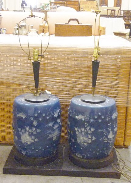 Early Chinese Table Lamps: (2) 33"h. 19th century. Originally garden stools. Ceramic body with a blue and white finish.