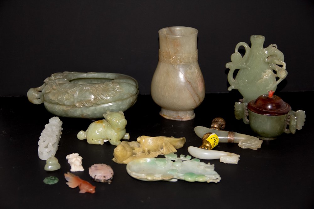 Collection of Chinese Jade Pieces: (12) jade, (1) soapstone. Shipping: USPS or Fedex. $25.00. We will ship internationally for the actual shipping cost.