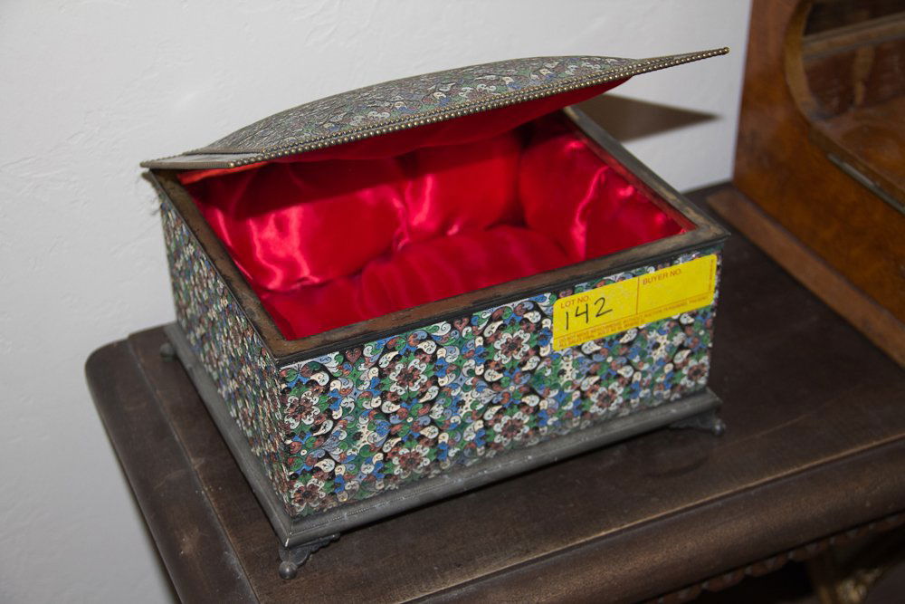 MERMOD. JACOARD & CO. Cloisonné Box: (1) 4 3/4"h x 9"w. Marked: MERMOD. JACOARD & CO. Silver plated case with polychrome cloisonné panels. Shipping: USPS or Fedex. $15.00. We will ship internationally for the actual shipping cost.