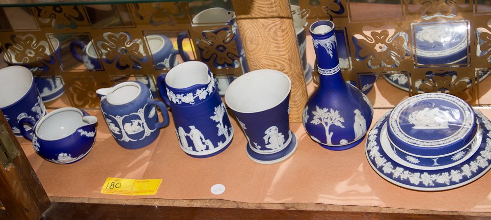 Wedgwood & Other Jasperware: (8 pc) Total. Including: (1) circular lidded box, (1) circular tray, (1) tapering vase, (1) shaving mug, (2) pitchers, (1) creamer, (1) cup. Shipping: USPS or Fedex. $90.00. We will ship international