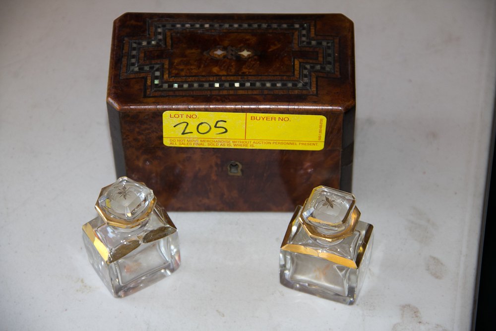 19th Century English Desk Box: (1) 3 3/4"h x 5 1/4". 19th century, English. Burl wood with mother of pearl inlay. Blue interior with two ink bottles. Shipping: USPS or Fedex. $20.00. We will ship internationally for the actual ship