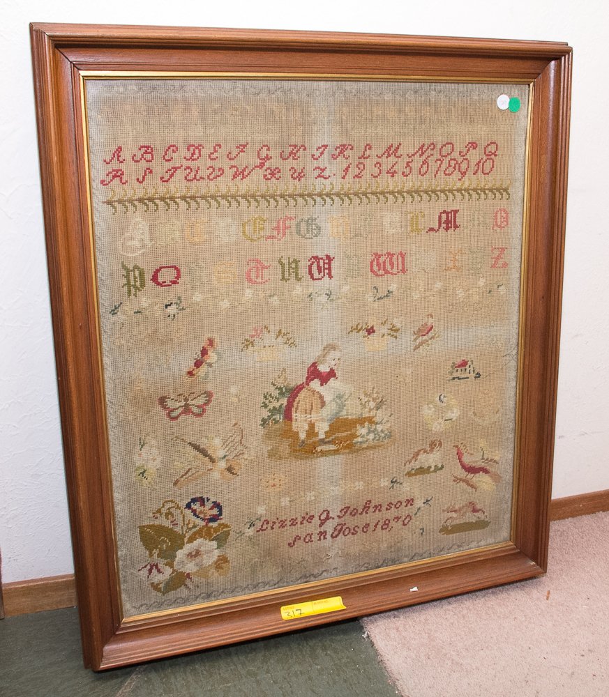 American Sampler: (1) 22" x 25". Lizzie J. Johnson, San Jose 1870. Condition: (Good), with fading frame. Shipping: USPS or Fedex. $60.00. We will ship internationally for the actual shipping cost.