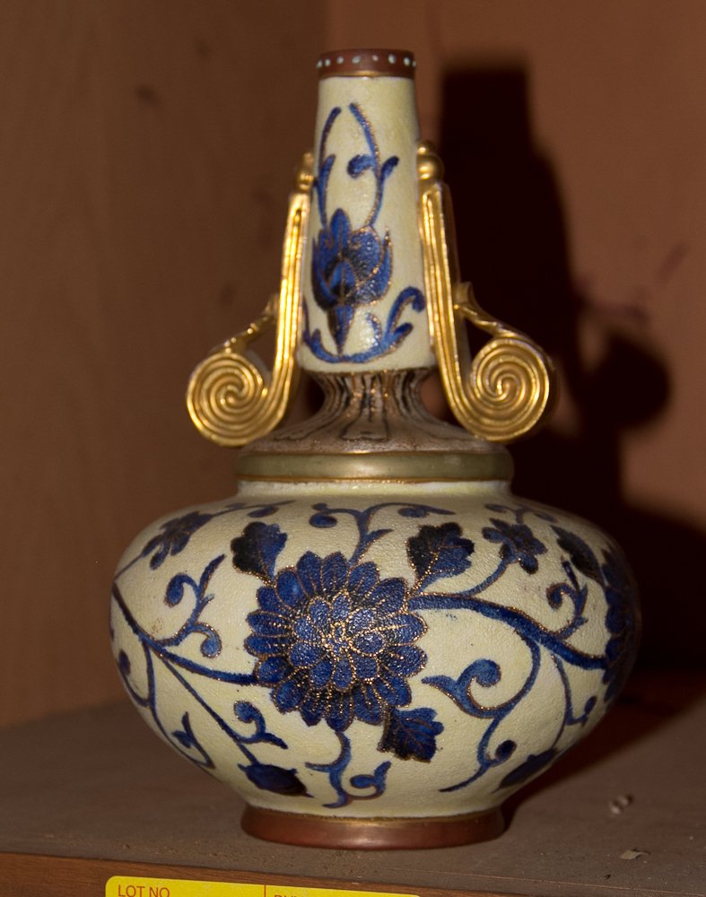 19th Century Royal Worcester Vase: (1) 9"h. Ceramic body. Marked: 1884. Blue floral design. Shipping: USPS or Fedex. $40.00. We will ship internationally for the actual shipping cost.