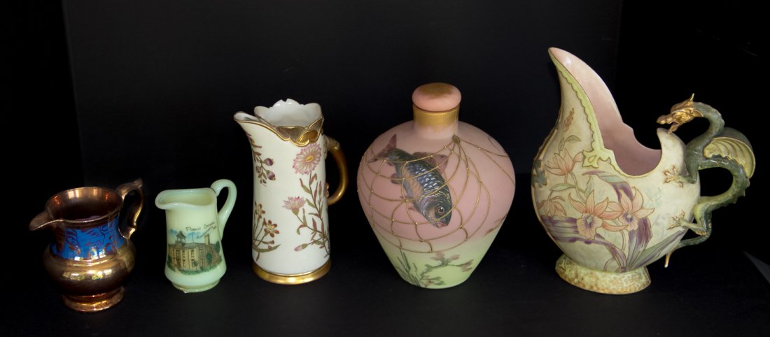 Porcelain Collection: (Lot) Including: Royal Worchester, cups, ewers, copperware and etc.; The smallest piece measures 4" tall and the largest piece measures 91/4" tall. Shipping: USPS or Fedex. $70.00. We will ship intern