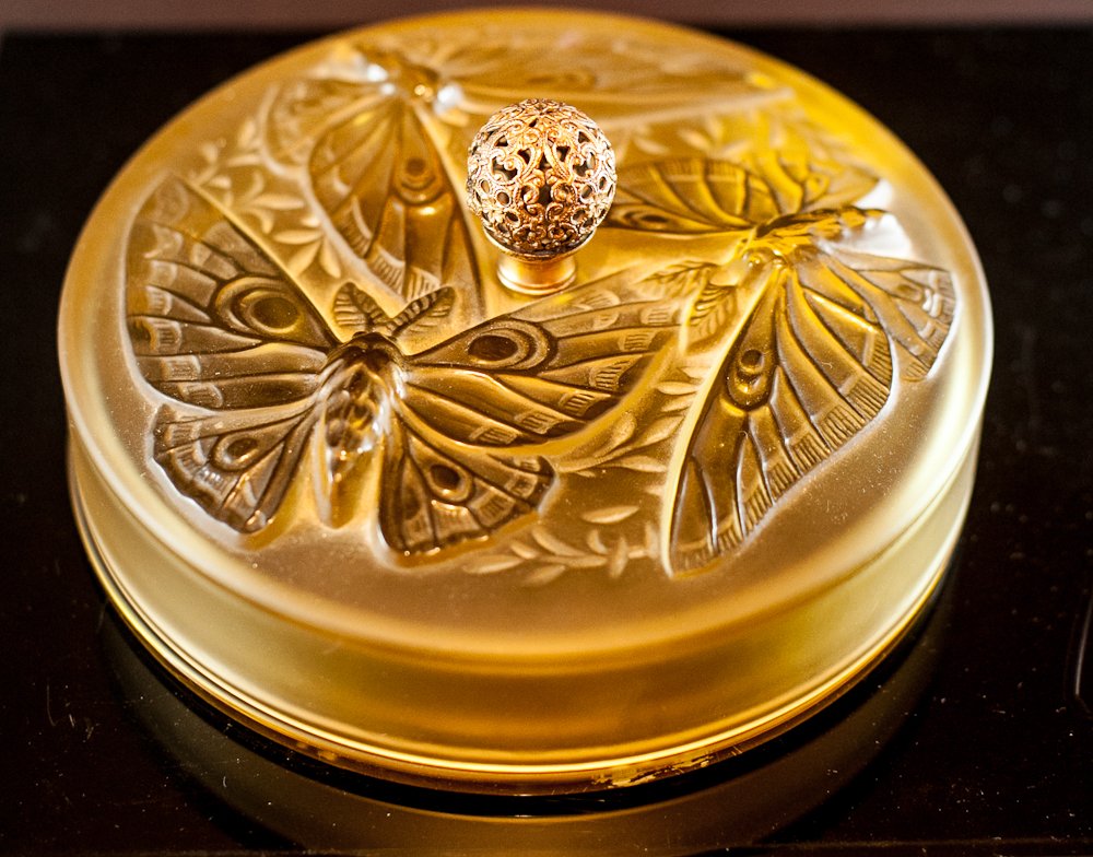 Verlys Butterfly Covered Bonbon Dish: (1) 7"dia. Yellow glass with butterfly covered lid and brass finial. Shipping: USPS or Fedex. $25.00. We will ship internationally for the actual shipping cost.
